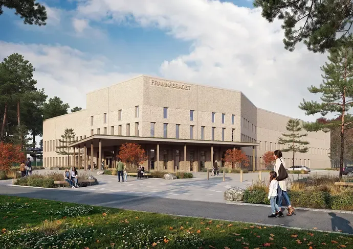 Visionsbild av den planerade badanläggningens fasad, producerad av Liljewall arkitekter.