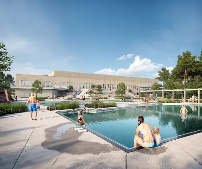 Visionsbild av del planerade badanläggningens utomhusbad.