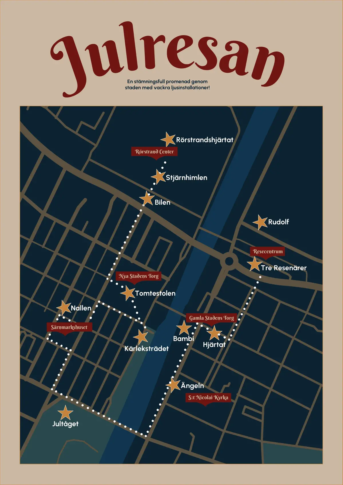 Karta som beskriver var ljusinstallationerna finns.