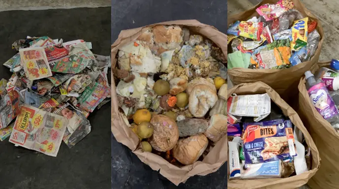 Bilden visar tre olika bilder på utsorterat restavfall, en bild på tidningar, en bild på matavfall och en bild på förpackningar.